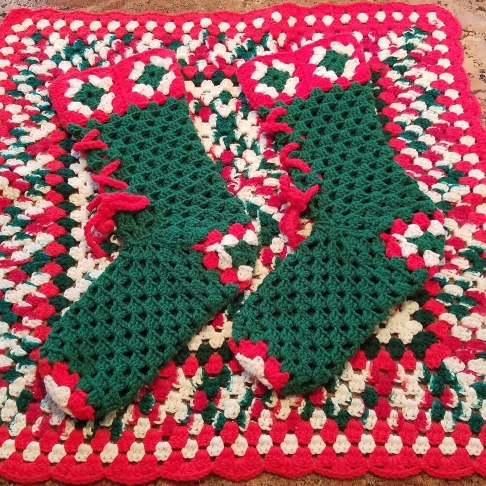 Vintage Handmade Crochet Christmas Lap Afghan + Pair of Stockings Lace-Up Boot